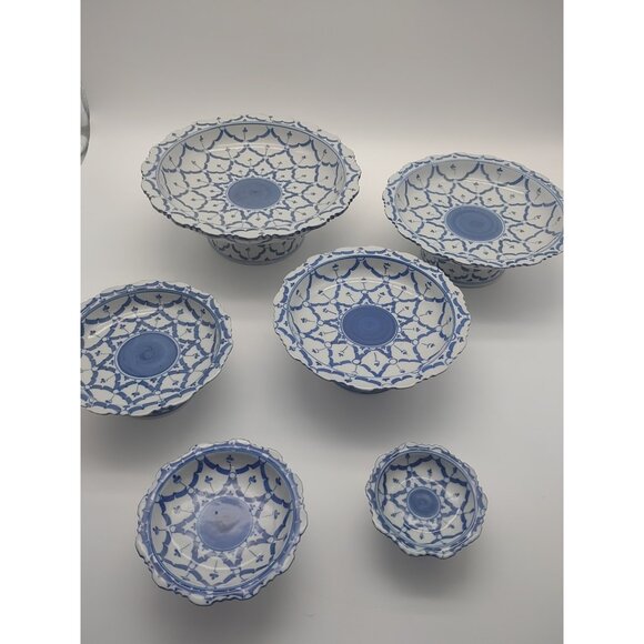 Vintage Set of 6 Blue White Floral Porcelain Stacking Pedestal Bowls 9.5” Tall - Picture 6 of 17